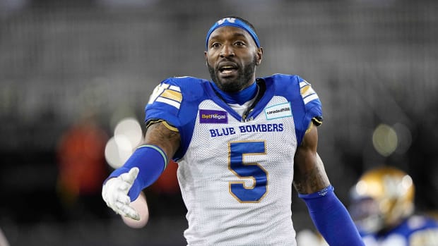 Dec 12, 2021; Hamilton, Ontario, CAN; Winnipeg Blue Bombers defensive lineman Willie Jefferson (5) on the sidelines during the 108th Grey Cup football game against the Hamilton Tiger-Cats at Tim Hortons Field. Mandatory Credit: John E. Sokolowski-USA TODAY Sports  